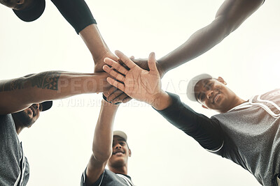 Buy stock photo Below, hands and stack for sport, man and baseball with motivation, teamwork and smile together. Softball, circle and hand for sport, fitness and fun with happy, team and goal outdoor before game