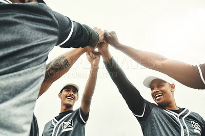 Buy stock photo Baseball, celebration and team with support, motivation and goal for collaboration in sports. Happy, excited and athlete group with smile and hands for training, strategy and solidarity in game