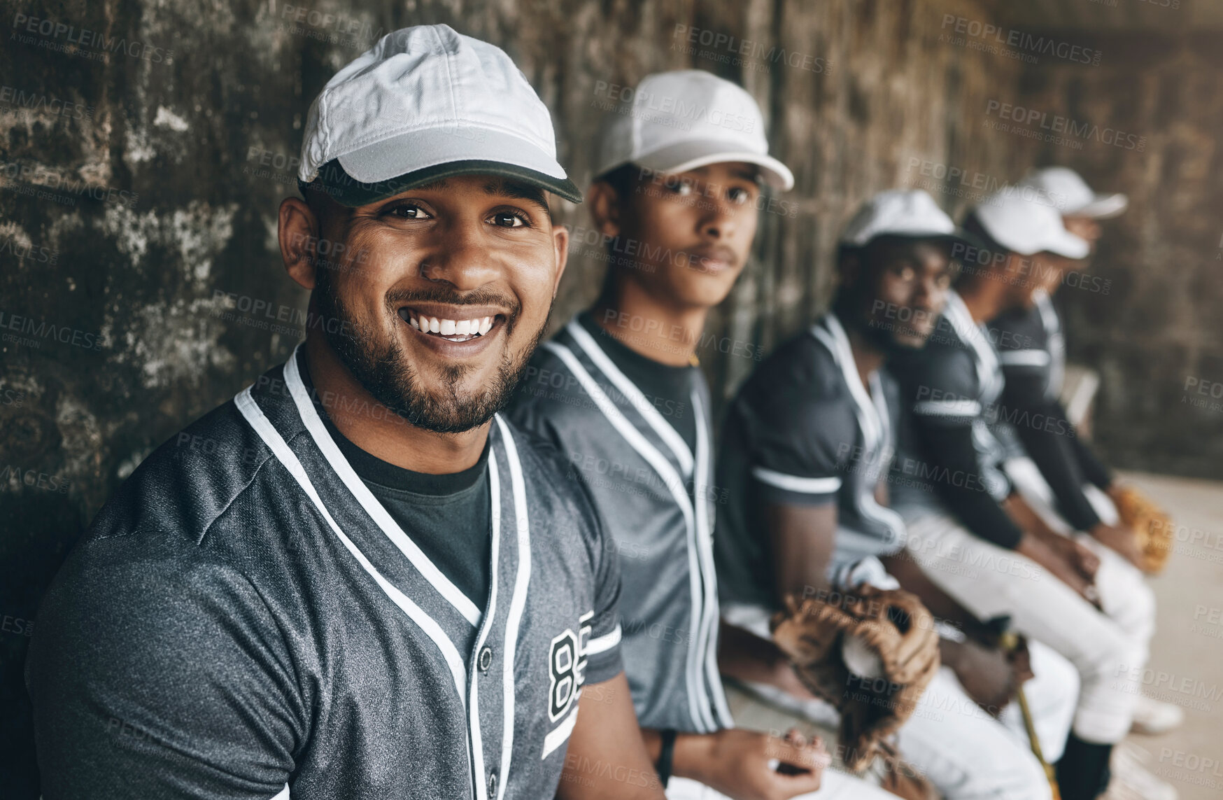 Buy stock photo Happy man, baseball player and team sports portrait, motivation and confidence for competition game. Smile professional athlete waiting on bench with group for performance, outdoor match and training