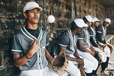 Buy stock photo Baseball, sports and team with a man athlete thinking about the match or game while sitting in the dugout. Exercise, fitness and idea with a male baseball player group ready to play in a match