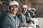 Portrait, team and baseball people smile, happy and sitting in dugout with sports uniform before game, training or match. Men baseball player group smiling before practice with happiness or teamwork