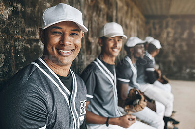 Buy stock photo Portrait, team and baseball people smile, happy and sitting in dugout with sports uniform before game, training or match. Men baseball player group smiling before practice with happiness or teamwork