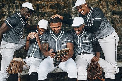 Buy stock photo Baseball team, sports men or mobile smartphone with funny internet joke, social media meme or comic app. Smile, happy or laughing softball players with ball, mitt gloves and 5g technology for fitness