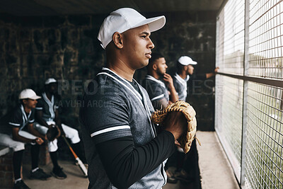 Buy stock photo Baseball, training and coach in dugout, thinking and serious ,planning and sports strategy. Sport, stadium and goal vision by team trainer watching game with baseball player group in background 