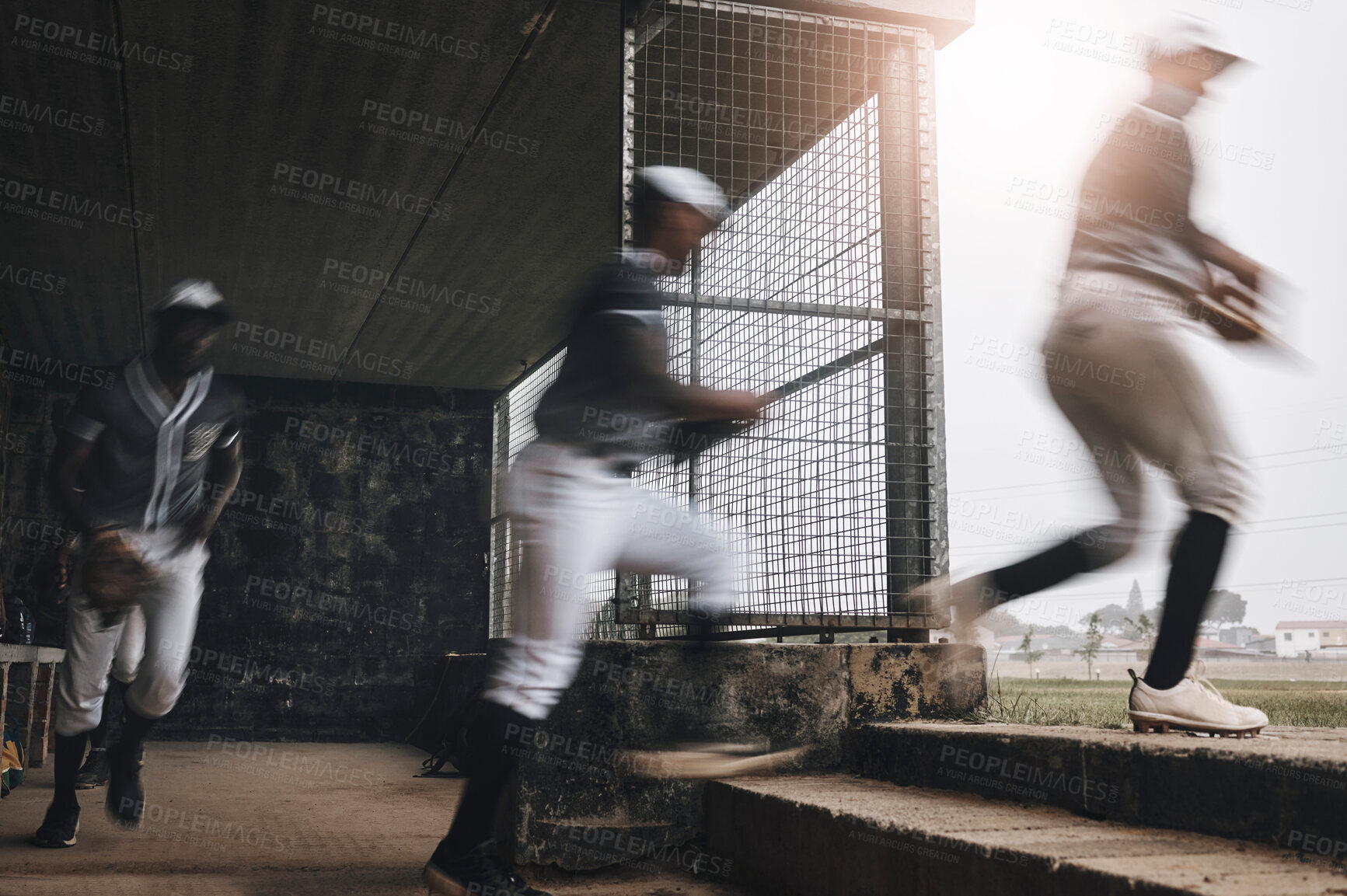 Buy stock photo Baseball, running and sports athlete team with fast energy ready to start a game on a sport field. Fitness, exercise teamwork workout and training match for cardio with people together 