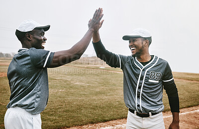 Buy stock photo Sports celebration, high five and motivation together with smile happy about game teamwork. Support, baseball team collaboration and sport success of training friends on a workout and exercise field