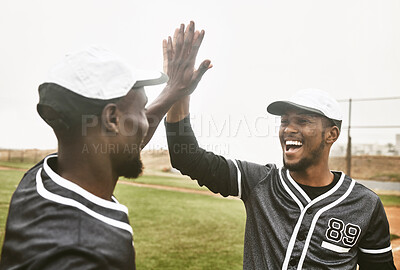 Buy stock photo Baseball, high five or teamwork with black men training, workout and fitness sports activity on game field together. Motivation, success and support with friends in sport celebration or partnership
