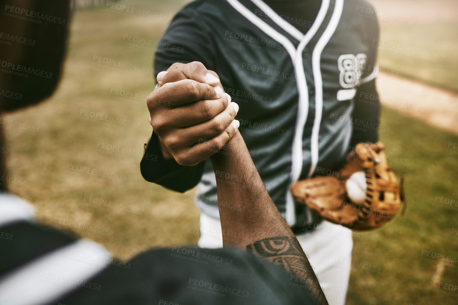 Buy stock photo Baseball, handshake and men shaking hands to welcome, thank you or respect before a sports game or match start. Teamwork, collaboration and baseball players greeting in exercise or training outdoor