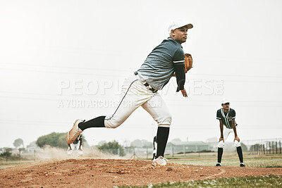 Buy stock photo Baseball, pitch and team sports of a man pitcher busy with teamwork, fitness and fast ball throw. Baseball player training, exercise and workout of a athlete group in a game on a baseball field