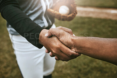 Buy stock photo Baseball players handshake before game at baseball field for good luck, agreement and support. Sports, fitness and athletes shaking hands to show unity, well wishes and hope for success during match