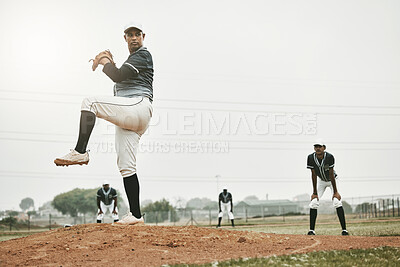 Buy stock photo Baseball, pitch and outdoor sports teamwork game with a man team player from Mexico. Pitcher busy with athlete exercise, fitness training and cardio match baseball field workout with a fast ball 
