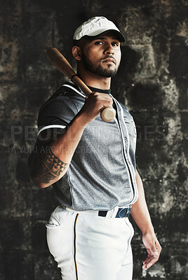 Buy stock photo Sport, fitness and baseball player with bat looking cool, focus and ready for competitive training. Vision, mindset and portrait of professional softball athletic man, determined attitude in Mexico