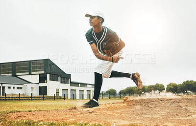 Buy stock photo Sports, baseball and pitcher throw on baseball field at training game, match or competition. Health, workout and baseball player from Brazil practice pitch for strength, fitness or exercise outdoors
