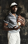 Black man, baseball player and motivation for fitness, training and exercise with ball, baseball glove and mitten. Portrait, sports athlete and softball player with health goals and wellness vision 