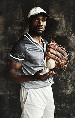 Buy stock photo Black man, baseball player and motivation for fitness, training and exercise with ball, baseball glove and mitten. Portrait, sports athlete and softball player with health goals and wellness vision 