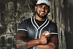 Baseball player, baseball and man athlete, fitness and team uniform with smile in portrait. Mexican, muscle and strong, professional sport and exercise, sports training and active life motivation.