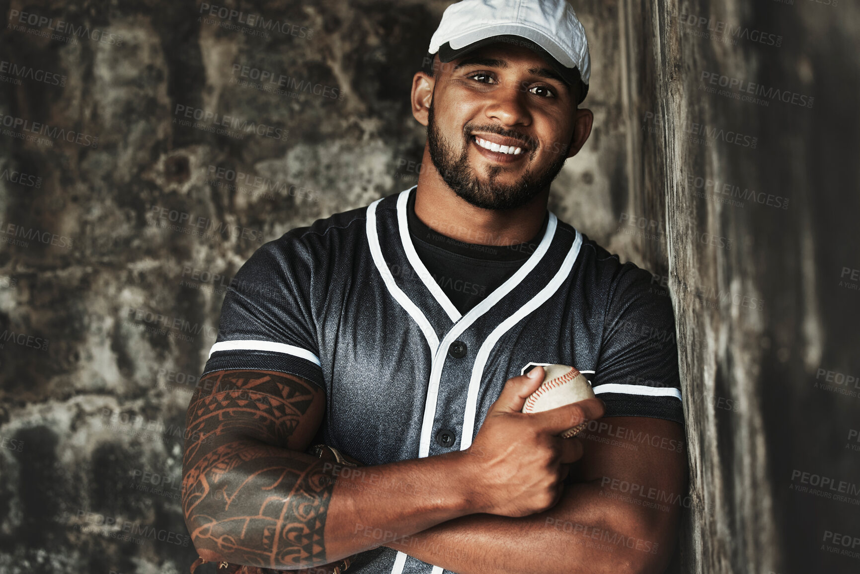 Buy stock photo Baseball player, baseball and man athlete, fitness and team uniform with smile in portrait. Mexican, muscle and strong, professional sport and exercise, sports training and active life motivation.