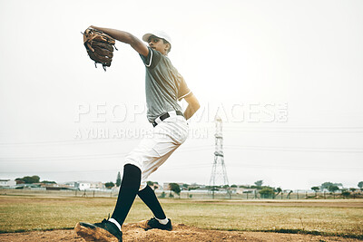 Buy stock photo Baseball, pitcher and sports, athlete man and throw a pitch during a competitive game or match on a court. Fitness, workout and exercise with a pro male player training or practice outdoor on field