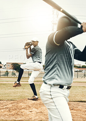 Buy stock photo Baseball player, bat and pitcher on field for sports, fitness and competition in summer sun. Baseball, pitch and game on sand, grass or stadium for sport at baseball game in sunshine for winning