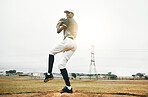 Baseball player, pitch and sports athlete man outdoor on a field with focus and fitness. Game training, exercise and team workout of a strong person playing baseball ready for cardio and exercising