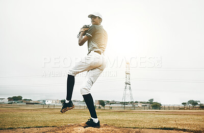 Buy stock photo Baseball player, pitch and sports athlete man outdoor on a field with focus and fitness. Game training, exercise and team workout of a strong person playing baseball ready for cardio and exercising