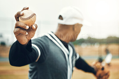 Buy stock photo Baseball, athlete hand and ball sports while showing grip of pitcher outdoor in sport game. Exercise, game and softball with a professional player ready to throw or pitch during a match outside