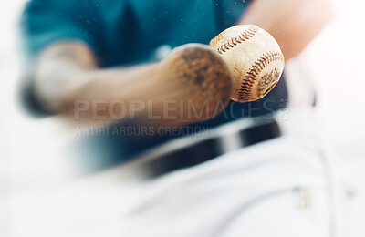 Buy stock photo Baseball, sports and training where a bat hit a ball closeup for exercise, fitness or a workout. Homerun, score and health with a man athlete in a game or match swings and hits for points scoring