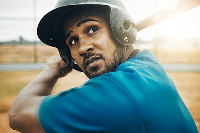 Baseball, black man and a portrait of player ready to hit ball with bat and safety helmet. Sports, fitness and professional athlete in uniform with baseball bat waiting on diamond pitch to win game.