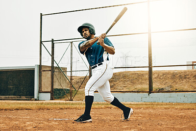 Buy stock photo Baseball man, stadium game or hit ball with bat on a sport field in a game. Sports player with practice, strike and concentration to win match by competitive male batter focus during training outdoor