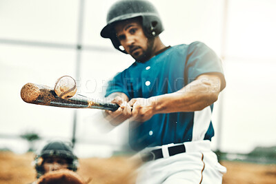 Buy stock photo Sports, baseball and bat with a man athlete hit a fast ball and score during a game outdoor on a pitch. Sport, fitness and exercise with a strong male player on a field for training or a match