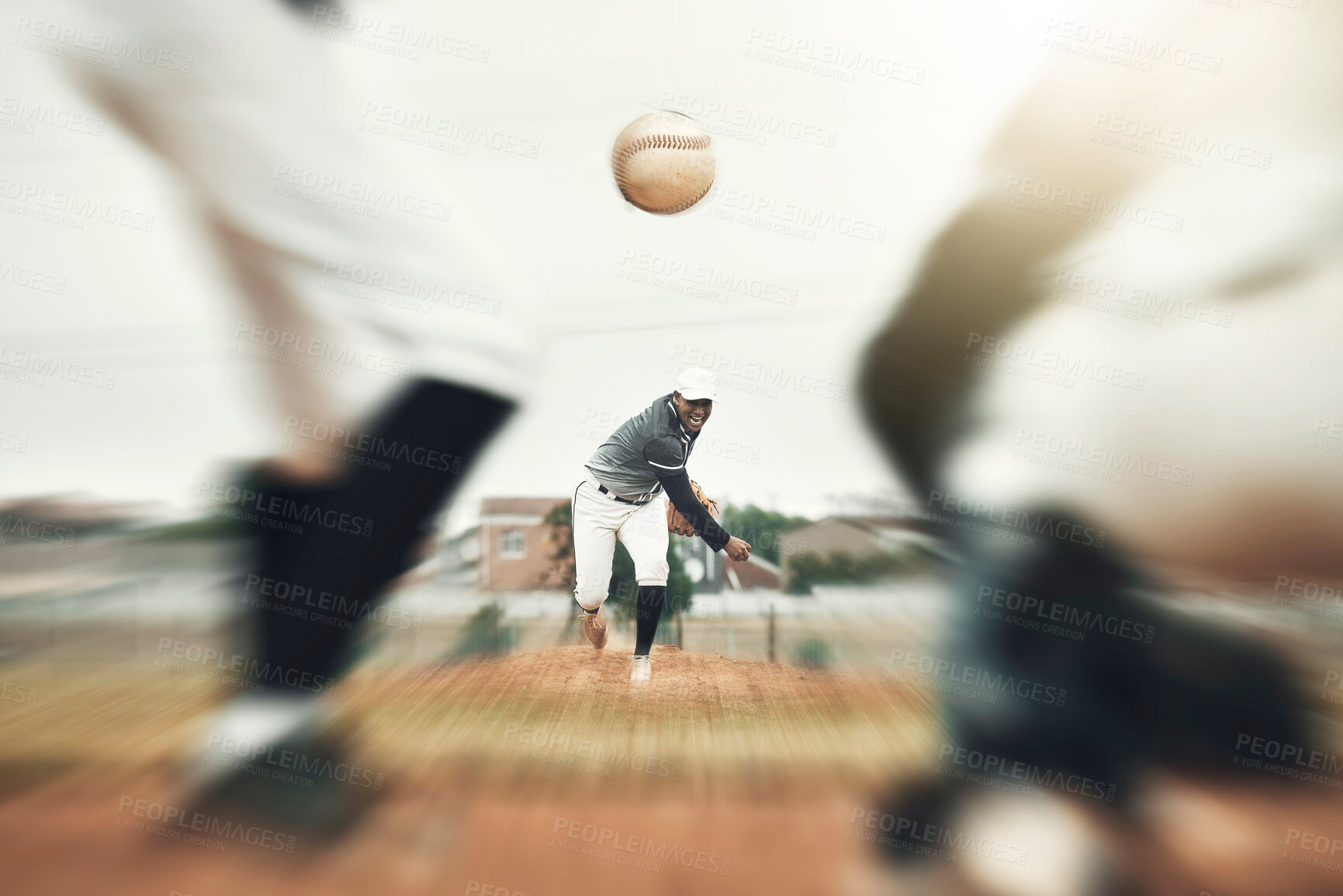 Buy stock photo Baseball, fast ball and sport athlete throwing in a sport, exercise and workout training in a game. Fitness, sports and teamwork cardio of a baseball player with a team together on a outdoor field