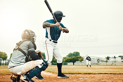 Buy stock photo Baseball man, team training game and baseball player baseball bat to hit softball ball on pitch. Professional USA athlete, focus and motivation on sport field for fitness workout on stadium ground 

