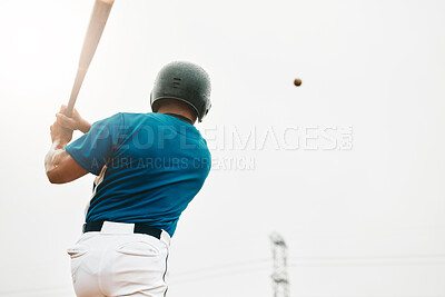 Buy stock photo Baseball player, bat and homerun with sky and baseball for sports, game or contest outdoor in summer. Man, sport and hit in sunshine at stadium, arena or field in competition, match or training