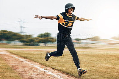 Buy stock photo Baseball, man and running celebration on baseball field after scoring homerun. Exercise, fitness and winning baseball player from India celebrating success on grass field after training match.

