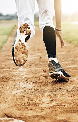 Buy stock photo Sports, running and shoes of baseball player on field training for competition, health and fitness game. Workout, exercise and dirt with athlete in competition for winning, homerun or achievement