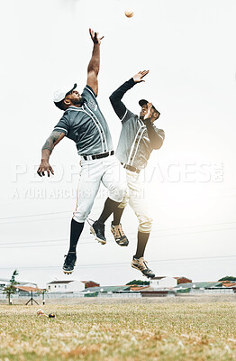 Buy stock photo Baseball player, jump and catch baseball in game, contest or  sport on field for sunshine. Team, teamwork and hands for ball in air at stadium, arena or pitch for sports, fitness and win outdoor