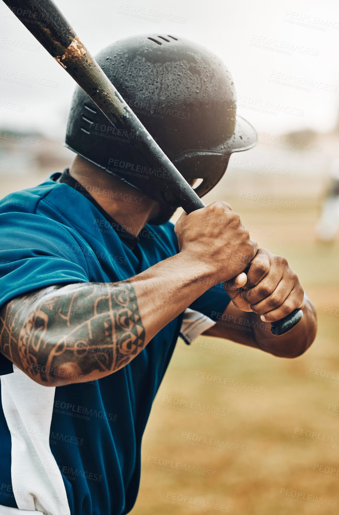 Buy stock photo Baseball, bat and baseball player, sports game and fitness, strong and arm muscle, sport training and waiting on pitch. Black man, athlete and baseball field, exercise and ready for practice or match