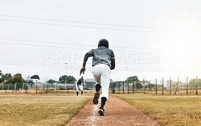 Buy stock photo Baseball player, running and sports pitch with athlete with fast energy doing base run at game or match on a sport field. Fitness, exercise and training workout with sport runner male outdoor
