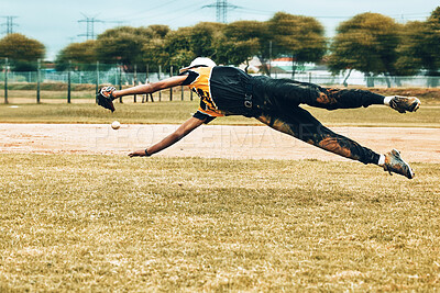 Baseball, baseball player and jump, ball and catch at a baseball field for training, fitness and exercise. Energy, sport and athletic man jumping, speed and passion at a pitch during competitive game