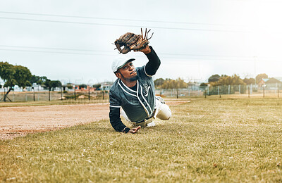 Buy stock photo Baseball, sports and catch with a man athlete catching a ball during a game or match on a field for sport. Fitness, exercise and training with a baseball player playing in a competition on grass