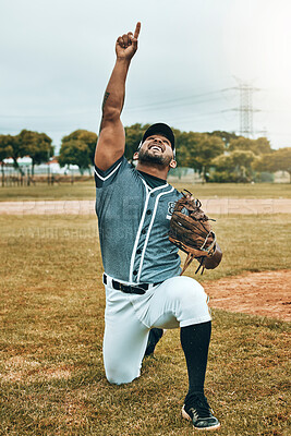 Buy stock photo Baseball, baseball player and celebration, winner and success in match, game or competition. Happy, smile and sports male from India pointing up, celebrating victory or winning, training or workout

