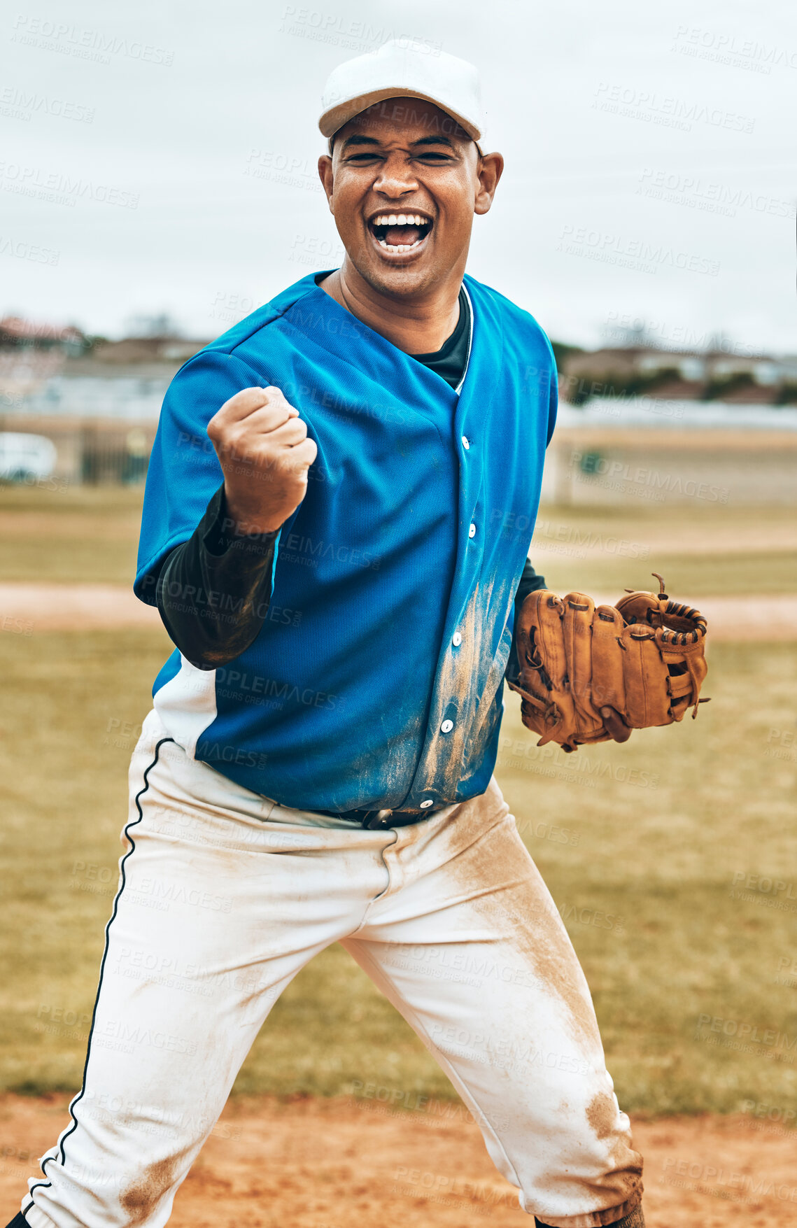 Buy stock photo Man, baseball player or cheering success fitness game, training or workout on grass field or Mexico pitch. Smile, happy or excited sports athlete with winner fist, energy goals or softball motivation