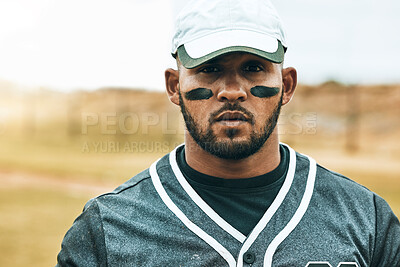 Buy stock photo Baseball, man and paint face portrait, eye black or grease to reduce sun glare during training, competition or exercise. Fitness, workout and male from India with face paint for practice outdoors.
