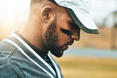 Buy stock photo Baseball player, face and thinking of game strategy in fitness, workout and training on grass field pitch. Zoom, sports man or softball player in match exercise with stress, anxiety or mental burnout