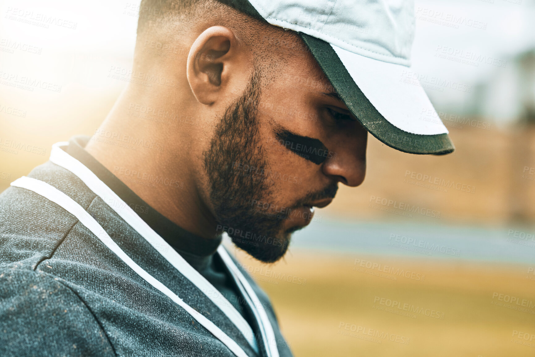 Buy stock photo Baseball player, face and thinking of game strategy in fitness, workout and training on grass field pitch. Zoom, sports man or softball player in match exercise with stress, anxiety or mental burnout