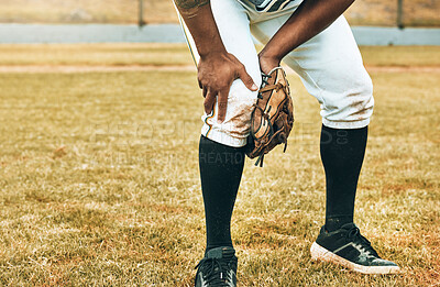 Buy stock photo Man, baseball and sport leg injury suffering in pain, agony and discomfort during training match or game on the field. Male athlete hurt holding painful area in sports accident on grass or pitch