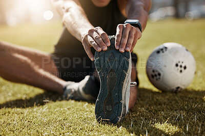 Buy stock photo Stretching, foot and soccer man on field for sports training, exercise wellness or legs muscle health. Professional football person with sneakers or shoes for game warmup, workout outdoor on a pitch