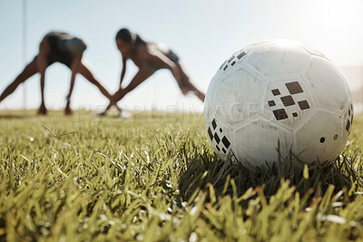 Soccer, team stretching legs or soccer ball on football field, stadium or grass for sports goals. Fitness, teamwork or football girl for motivation, wellness exercise or workout health training.