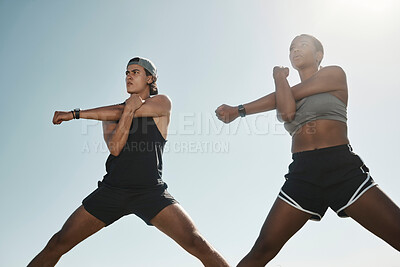 Buy stock photo Training, fitness and couple stretching at sunrise, stretch, balance and health goals together. Exercise, performance and interracial man and woman bonding over healthy, sporty and wellness workout 