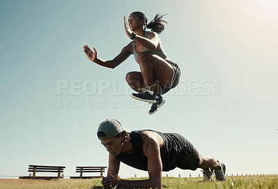 Buy stock photo Man, black woman and fitness in park, nature garden or sustainability environment for workout, training or exercise. Jumping, plank and sports people, friends or couple with energy and wellness goals